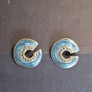 Vintage Berebi Earrings Teal Enamel Gold Tone C Hoop Post Signed Art Deco 1.5"